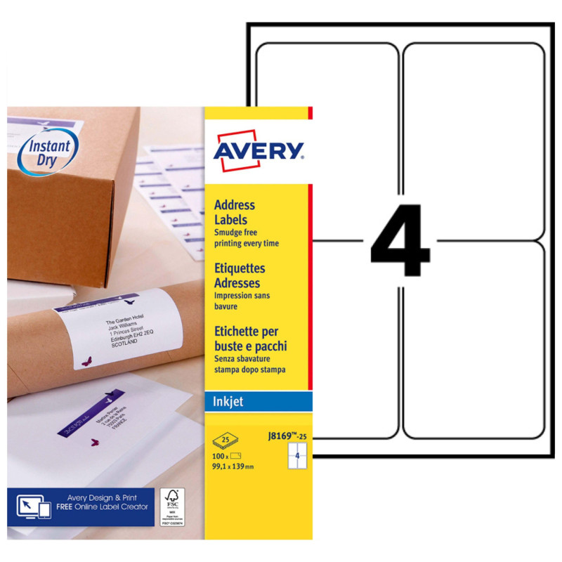 Avery - 100 Étiquettes Adressage Autocollantes Personnalisables - Format 99.1 x 139 mm - Impression Jet d’Encre Avery - 100 Étiquettes Adressage Autocollantes Personnalisables - Format 99.1 x 139 mm - Impression Jet d’Encre