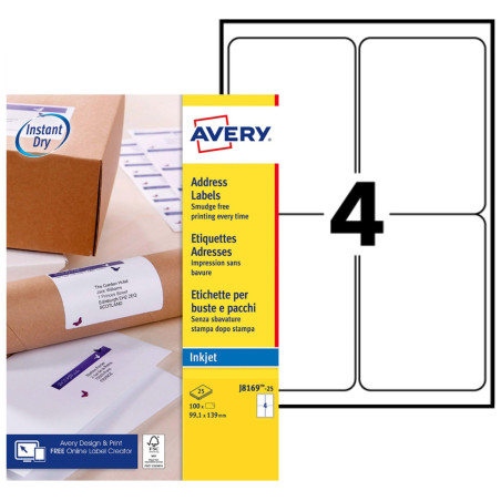 Avery - 100 Étiquettes Adressage Autocollantes Personnalisables - Format 99.1 x 139 mm - Impression Jet d’Encre