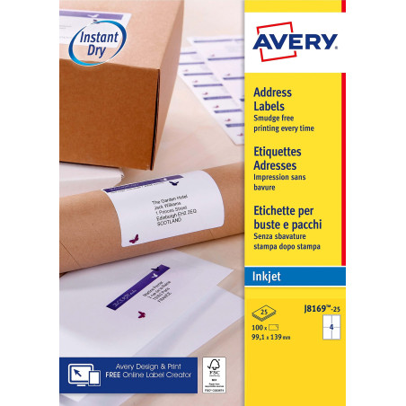 Avery - 100 Étiquettes Adressage Autocollantes Personnalisables - Format 99.1 x 139 mm - Impression Jet d’Encre