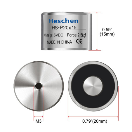 Heschen Électroaimant solénoïde P20/15, OD : 20 mm, DC 6 V, 2,5 kg.