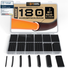 BAURIX® Kit de gaine thermorétractable 180 pièces - Rapport de rétraction 3:1 - Assortiment de tube thermorétractable étanche av