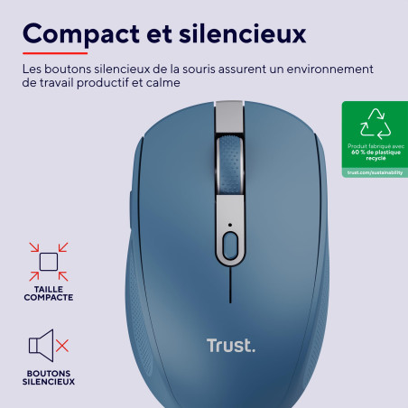 Trust Ozaa Souris sans Fil Bluetooth + 2.4GHz, Souris Silencieuse Compacte Multi-appareils, 60% de Plastiques Recyclés, Souris B