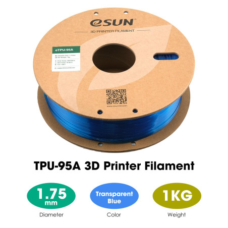 Filament d'impression 3D eSUN TPU-95A 1.75mm, Flexible, 1KG (2.2 LBS), Bleu Transparent
