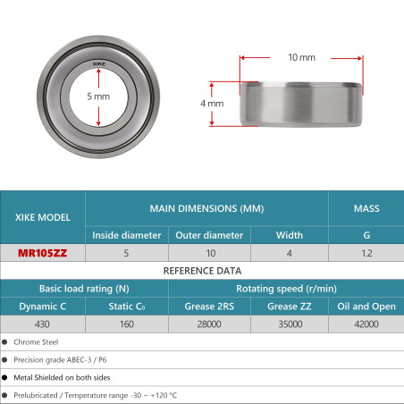 XiKe 10x MR105ZZ 5x10x4mm Roulements Miniatures, Acier 100Cr6, Flasques Métal Double Face ZZ - pour Ventilateur, Disque Dur, Imp