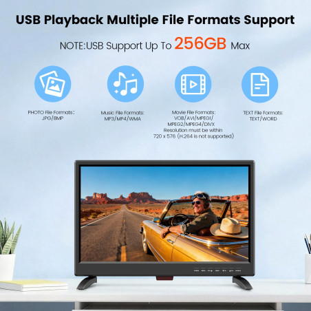 TV 19 Pouces(45cm),Full HD 1080P LED avec Récepteur Numérique T2/H.256 DTT Freeview,12v avec HDMI USB et entrée RCA VGA,Convient