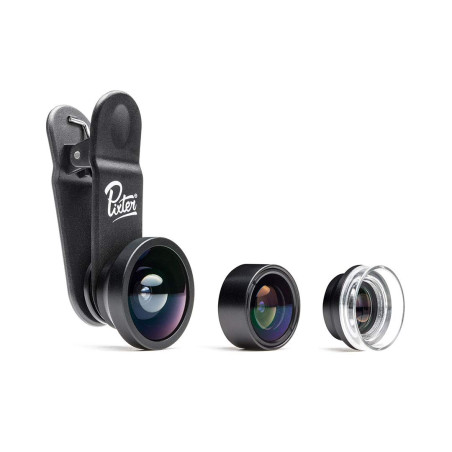 Pixter Pack Starter, 3 Objectifs Smartphone (Grand Angle + Fisheye + Macro) - Compatible Tous Smartphones (Android, iOS, Windows