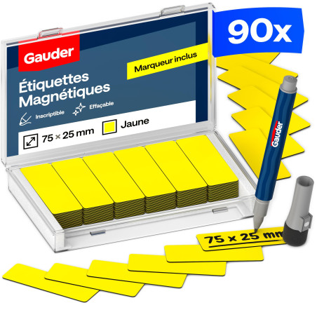 GAUDER Étiquettes Magnétiques Inscriptibles | (75 x 25 mm) Cartes Magnétiques Effaçables | pour Tableaux Kanban et Blanc
