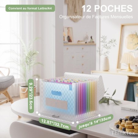 ThinkTex Trieur A4, 12 Compartiments Trieur Document, Rangement Papier Administratif, Range Document avec Intercalaire, Support