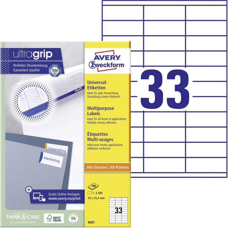 Avery 3300 Etiquettes Autocollantes Multi-usages (33 par Feuille) - 70x25,4mm - Impression Laser - Jet d'Encre - Blanc (3421) Avery 3300 Etiquettes Autocollantes Multi-usages (33 par Feuille) - 70x25,4mm - Impression Laser - Jet d'Encre - Blanc (3421)