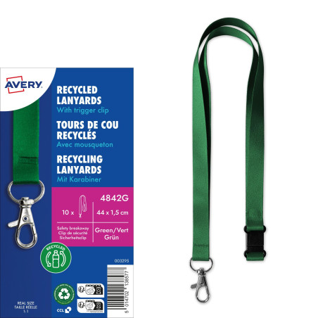 Avery – Lot de 10 tours de cou vert fabriqué à partir de plastique reconditionnés avec mousqueton en métal 44 x 1,5 cm – tours d