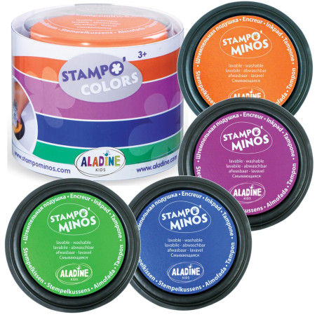 Aladine - 4 Encreurs Stampo Colors Carnaval - Encre pour Tampons Enfants - Taille XXL & Encre Lavable - Encreurs Géants Grand Fo