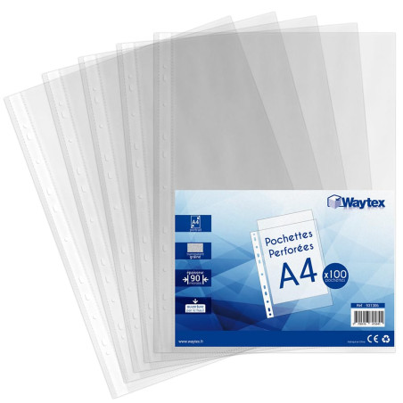 Waytex 931306 Pochettes Perforées A4 Transparentes Grainées 90 microns - Paquet de 100