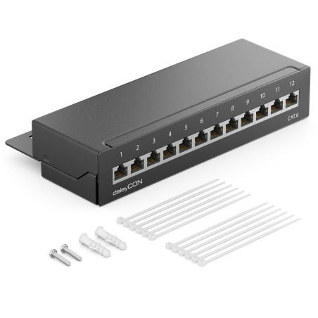 deleyCON CAT6 Panneau de Brassage 12 Ports Bureau & Montage Mural - Blindé - Prise 12x RJ45 - TIA568A TIA568B - Noir