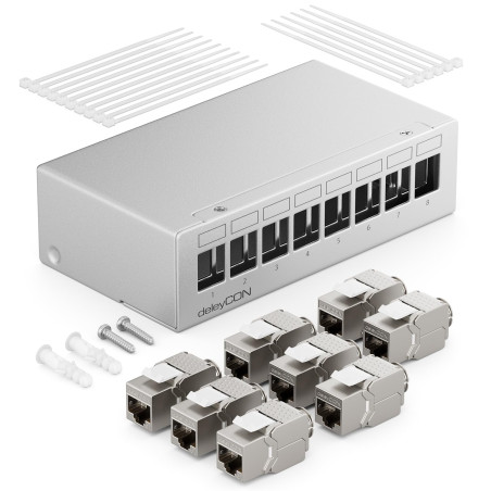deleyCON Panneau de Brassage 8 Ports Kit Panneau de Distribution 1U + 8x RJ45 Modules Keystone Jack STP CAT6a Compatibles avec C