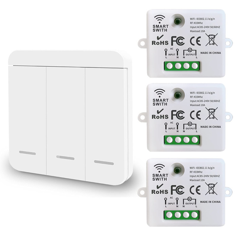 DieseRC Mini commutateur WiFi sans fil télécommande RF 2500W 10A 3 récepteurs avec 1 interrupteur mural sans fil contrôle intell DieseRC Mini commutateur WiFi sans fil télécommande RF 2500W 10A 3 récepteurs avec 1 interrupteur mural sans fil contrôle intell
