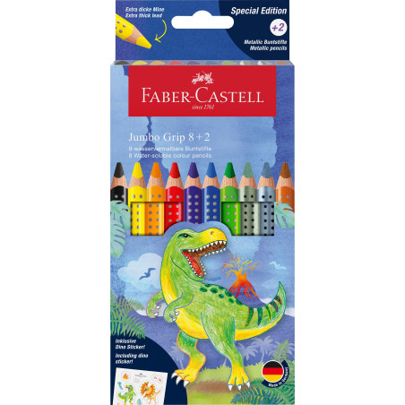 Faber-Castell 110922 - Set de crayons de couleur Jumbo Dino, 10 pièces, incassable, y compris 2 crayons métalliques et un autoco