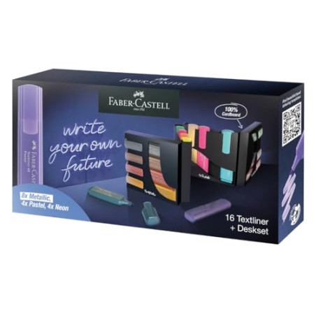 Faber-Castell 254603 Set de Bureau avec 16 Suligneurs dans une Boîte de Rangement, Surligneurs Pastel, Neóns et Métalliques, Poi