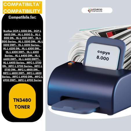 universocartuccia® tn3480 Toner Compatible Haute Capacité, jusqu'à 8000 Pages pour imprimantes hll5000d, hll5100dn, hll5200dw, h
