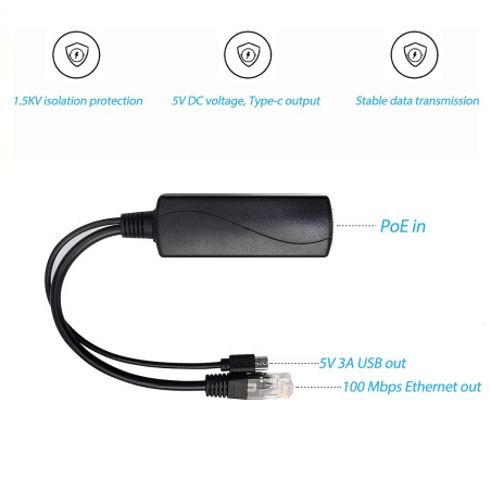 Revotech Type C Actif PoE Splitter, 48V PoE vers USB C 5V / 3A Sortie, 10/100Mbps Conforme à IEEE802.3af/at, Adaptateur PoE pour