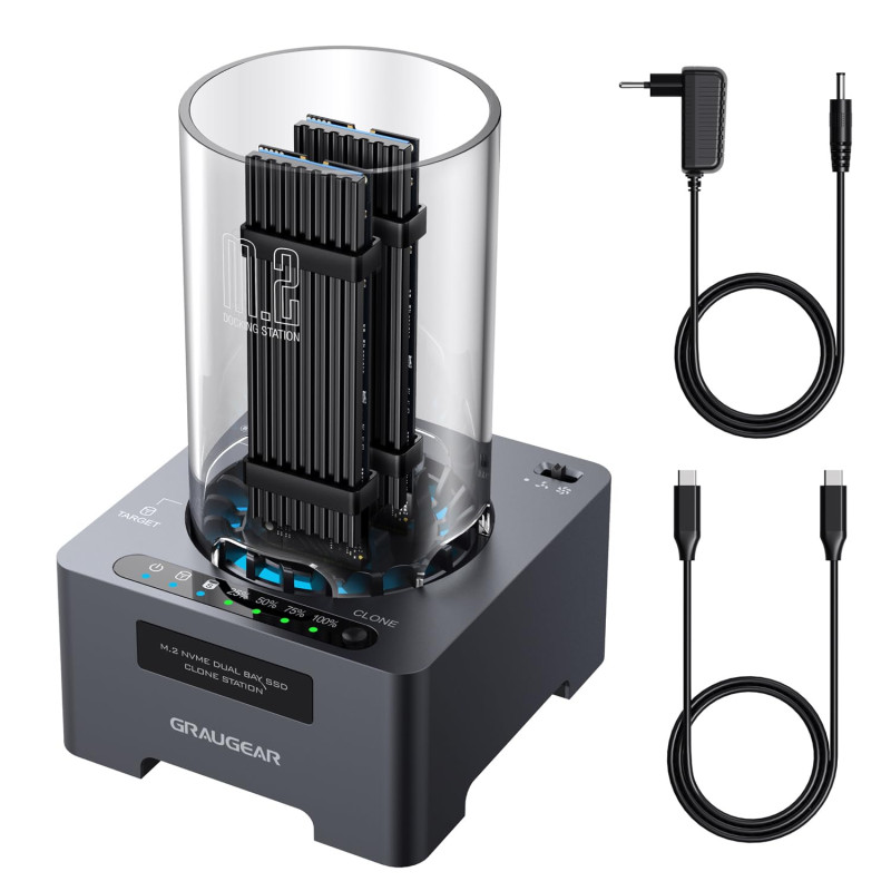 GRAUGEAR M.2 NVMe Station de clonage SSD pour M.2 PCIe, M-Key, USB3.2 Gen2x2 20 Gbps, Ventilateur Silencieux 60 mm, Bloc d'alime GRAUGEAR M.2 NVMe Station de clonage SSD pour M.2 PCIe, M-Key, USB3.2 Gen2x2 20 Gbps, Ventilateur Silencieux 60 mm, Bloc d'alime
