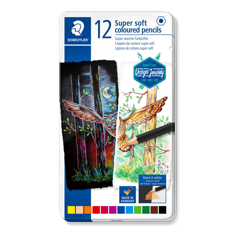 Staedtler Crayons de couleur super soft de haute qualité, Fort pouvoir couvrant sur papier blanc et noir, Boîte métal avec 12 cr Staedtler Crayons de couleur super soft de haute qualité, Fort pouvoir couvrant sur papier blanc et noir, Boîte métal avec 12 cr