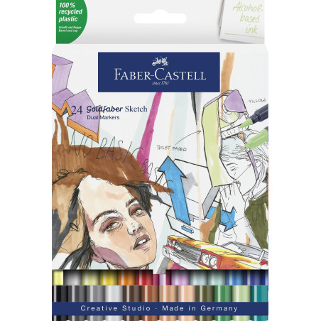 Faber-Castell 164724 - Goldfaber Sketch Marker, étui de 24 pièces Marqueur à alcool avec pointe Brush et pointe Fineliner