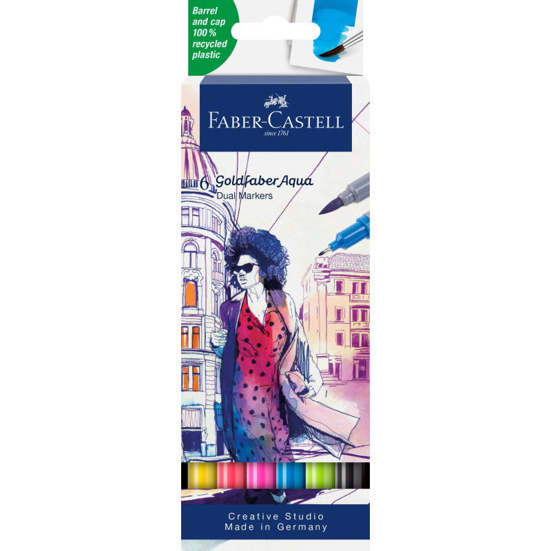 Faber-Castell 164606 - Goldfaber Aqua Dual Marker, avec pointe pinceau et pointe fineliner, étui de 6 pièces Faber-Castell 164606 - Goldfaber Aqua Dual Marker, avec pointe pinceau et pointe fineliner, étui de 6 pièces