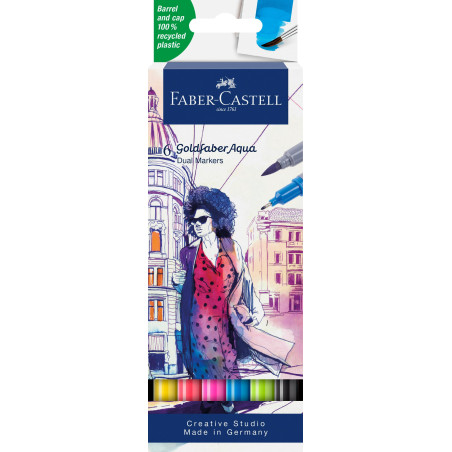 Faber-Castell 164606 - Goldfaber Aqua Dual Marker, avec pointe pinceau et pointe fineliner, étui de 6 pièces