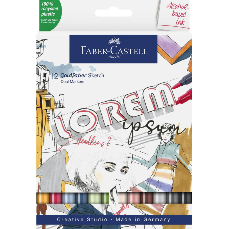 Faber-Castell 164712 - Goldfaber Sketch Marker, étui de 12 marqueurs à alcool avec pointe Brush et pointe Fineliner Faber-Castell 164712 - Goldfaber Sketch Marker, étui de 12 marqueurs à alcool avec pointe Brush et pointe Fineliner