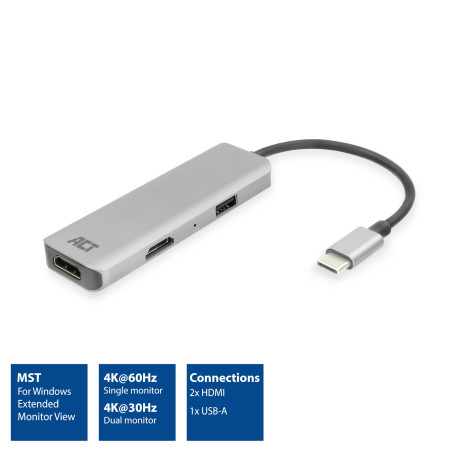 ACT Adaptateur USB C HDMI avec boîtier en Aluminium, 4k @ 30Hz Dual HDMI, Port USB 3.0 5 Gbps, pour connecter 2 moniteurs supplé
