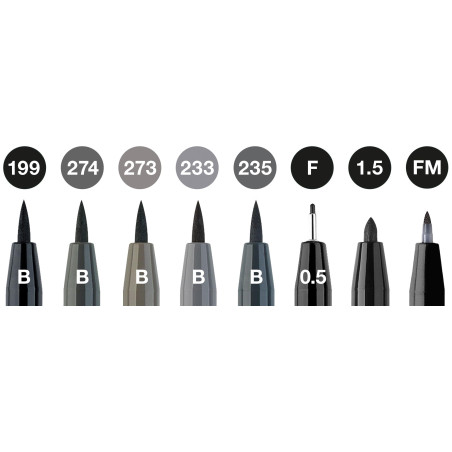 Faber-Castell 167171 - Crayon à encre de Chine Pitt Artist Pen, Black & Grey, B, F, 1.5, FM, étui de 8 pièces