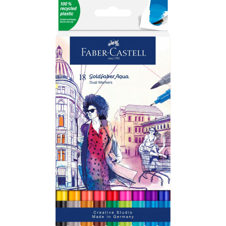 Faber-Castell 164618 - Goldfaber Aqua Dual Marker, avec pointe pinceau et pointe fineliner, étui de 18 pièces