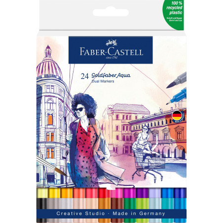 Faber-Castell 164624 - Goldfaber Aqua Dual Marker, avec pointe pinceau et pointe fineliner, étui de 24 pièces
