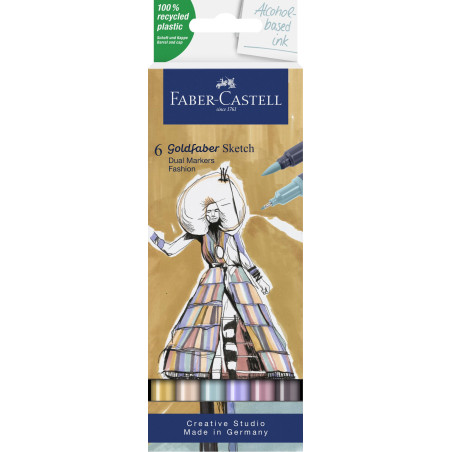 Faber-Castell 164808 - Goldfaber Sketch Marker Fashion, étui de 6 marqueurs à alcool avec pointe Brush et pointe Fineliner