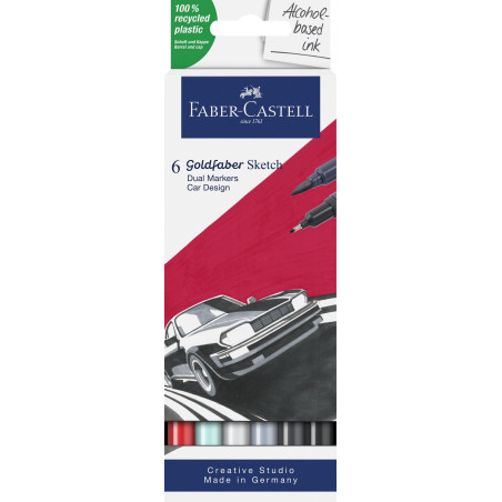 Faber-Castell 164813 - Goldfaber Sketch Marker Autodesign, étui de 6 marqueurs à alcool avec pointe Brush et pointe Fineliner