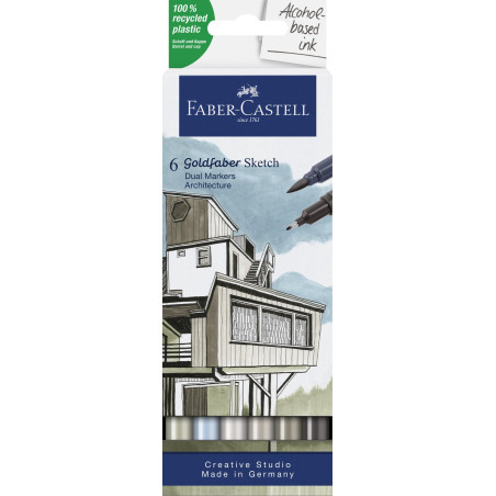 Faber-Castell 164807 - Goldfaber Sketch Marker Architecture, étui de 6 marqueurs à alcool avec pointe Brush et pointe Fineliner