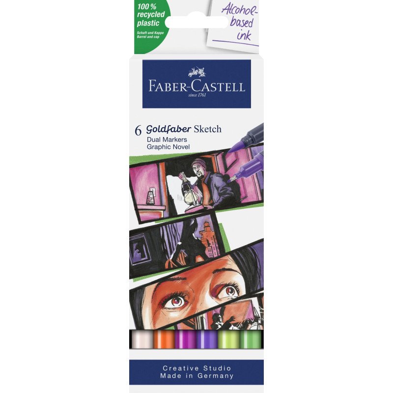 Faber-Castell 164810 - Goldfaber Sketch Marker Graphic Novel, étui de 6 marqueurs à alcool avec pointe Brush et pointe Fineliner Faber-Castell 164810 - Goldfaber Sketch Marker Graphic Novel, étui de 6 marqueurs à alcool avec pointe Brush et pointe Fineliner