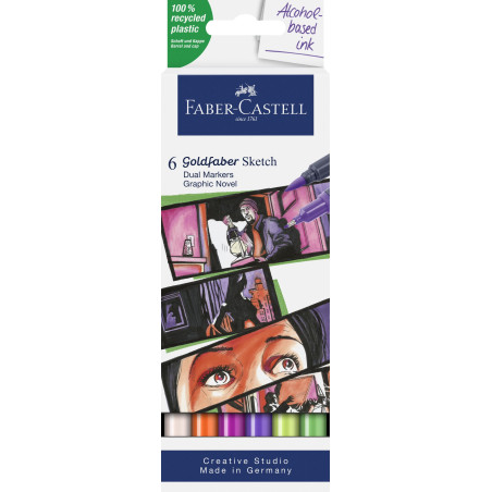 Faber-Castell 164810 - Goldfaber Sketch Marker Graphic Novel, étui de 6 marqueurs à alcool avec pointe Brush et pointe Fineliner