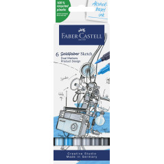 Faber-Castell 164806 - Goldfaber Sketch Marker Design de produit, étui de 6 marqueurs à alcool avec pointe Brush et pointe Finel
