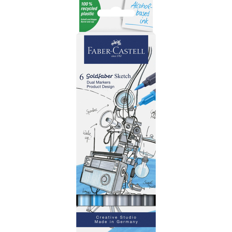 Faber-Castell 164806 - Goldfaber Sketch Marker Design de produit, étui de 6 marqueurs à alcool avec pointe Brush et pointe Finel Faber-Castell 164806 - Goldfaber Sketch Marker Design de produit, étui de 6 marqueurs à alcool avec pointe Brush et pointe Finel