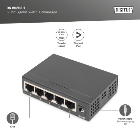 DIGITUS Commutateur réseau Gigabit - 5 Ports - Non géré - 10/100/1000 Mbit/s - sans Ventilateur - Parfait pour Soho - Plug & Pla