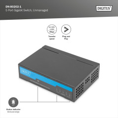 DIGITUS Commutateur réseau Gigabit - 5 Ports - Non géré - 10/100/1000 Mbit/s - sans Ventilateur - Parfait pour Soho - Plug & Pla