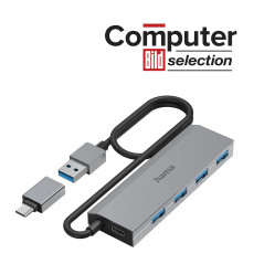 Hama Hub USB, 4 Ports, USB 3.2 Gen1, 5 Gbit/s, Adaptateur USB-C et Bloc Secteur, Garantie 10 Ans, Gris