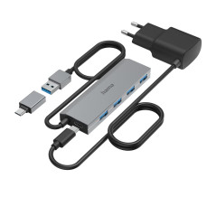 Hama Hub USB, 4 Ports, USB 3.2 Gen1, 5 Gbit/s, Adaptateur USB-C et Bloc Secteur, Garantie 10 Ans, Gris