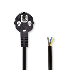 Nedis Câble d'alimentation, fiche de Contact de Protection, Ouvert, coudé, Droit, nickelé, 2 m, Rond, PVC, Noir, étiquette