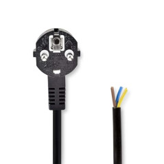 Nedis Câble d'alimentation, fiche de Contact de Protection, Ouvert, coudé, Droit, nickelé, 2 m, Rond, PVC, Noir, étiquette