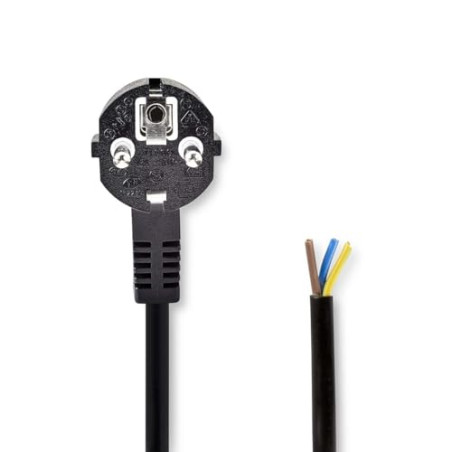 Nedis Câble d'alimentation, fiche de Contact de Protection, Ouvert, coudé, Droit, nickelé, 2 m, Rond, PVC, Noir, étiquette