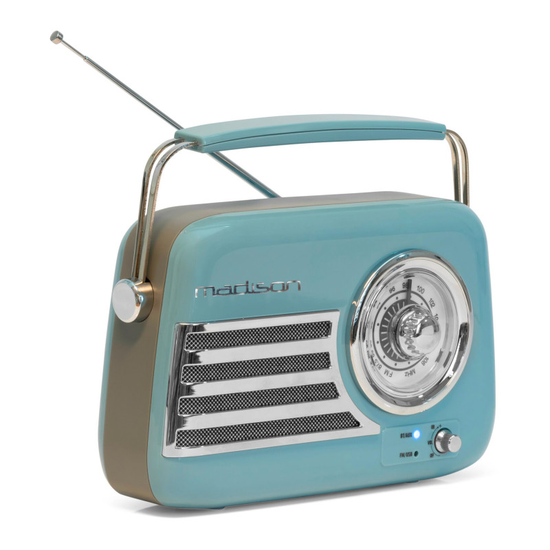 Madison - FREESOUND-VR40BLU - Radio Vintage 30W sur Batterie Longue autonomie - Bluetooth, USB & FM - Bleu - Vintage, Nostalgie,