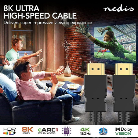 NEDIS Câble HDMI ultra haute vitesse - Connecteur HDMI - 8K @ 60Hz - 48 Gbps - 1 m - Rond - 6,0 mm - Noir - Étiquette