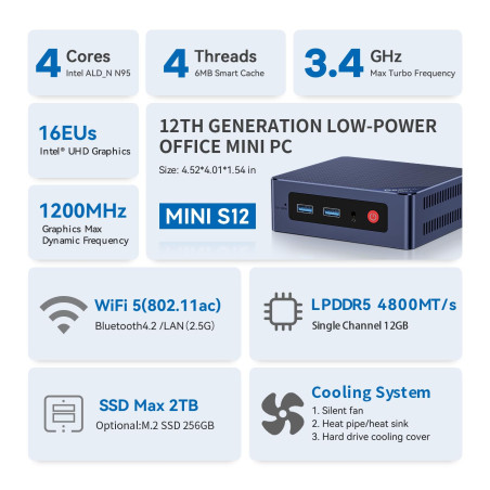 Beelink Mini PC, Mini S12 Intel 12th Alder Lake-N N95 (4C/4T, jusqu'à 3,4GHz), 12Go LPDDR5 RAM 512Go M.2 2280 SSD, Mini Ordinate